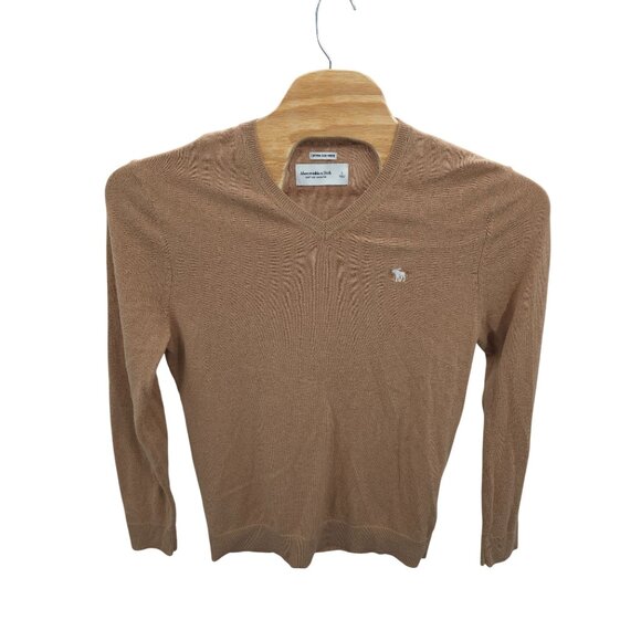 Abercrombie & Fitch Soft A&F Sweater L Cotton Cashmere Tan V-Neck Lightweight - Picture 2 of 4